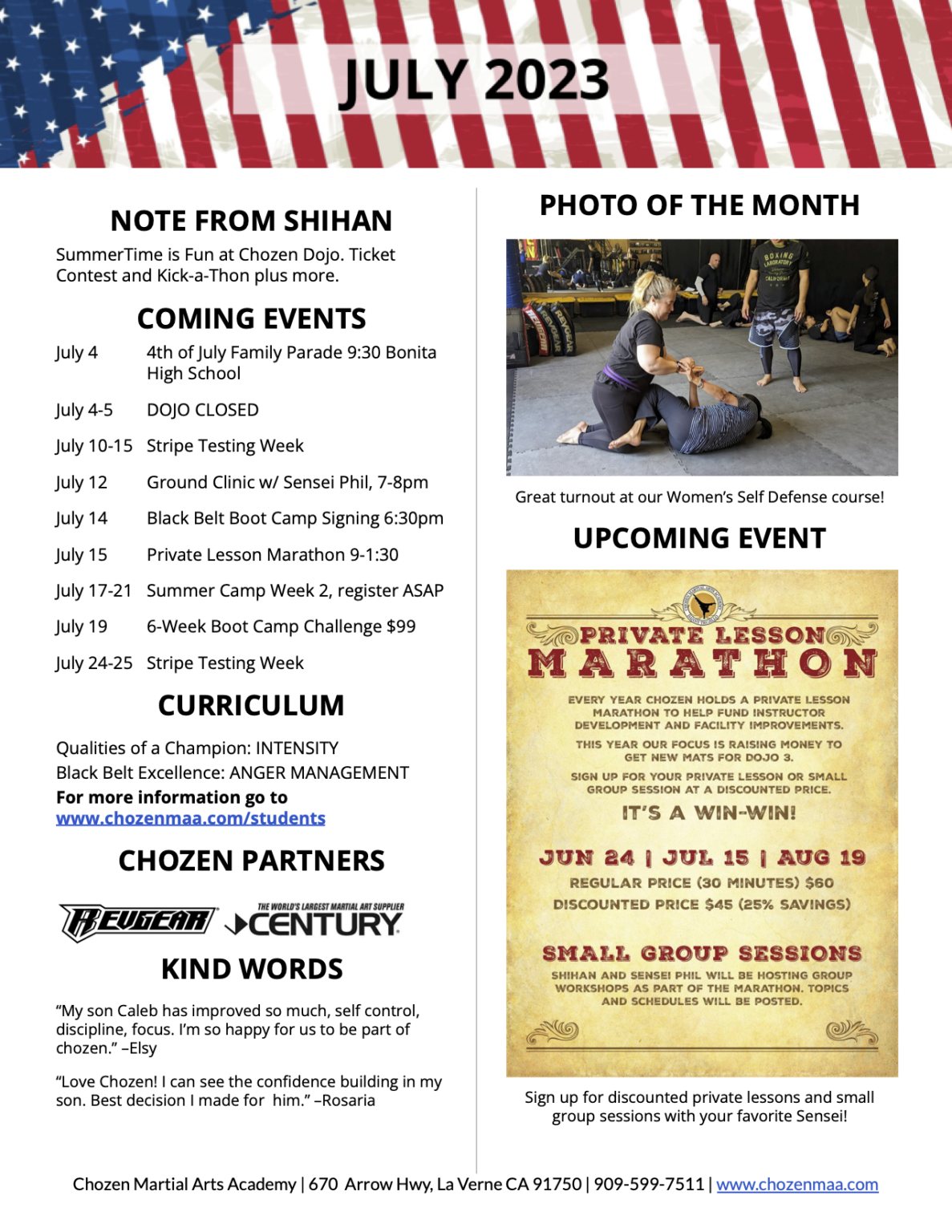 July 2023 Calendar Chozen Martial Arts Academy 3113